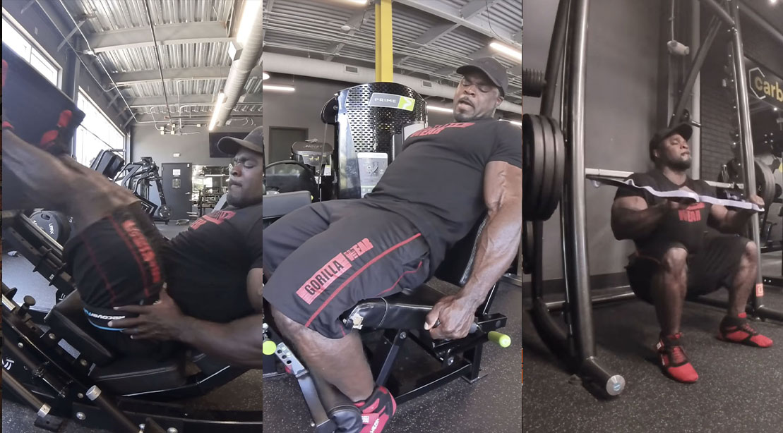 2019 Mr. Olympia Winner Brandon Curry working out and performing lower body leg exercises with an ankle injury