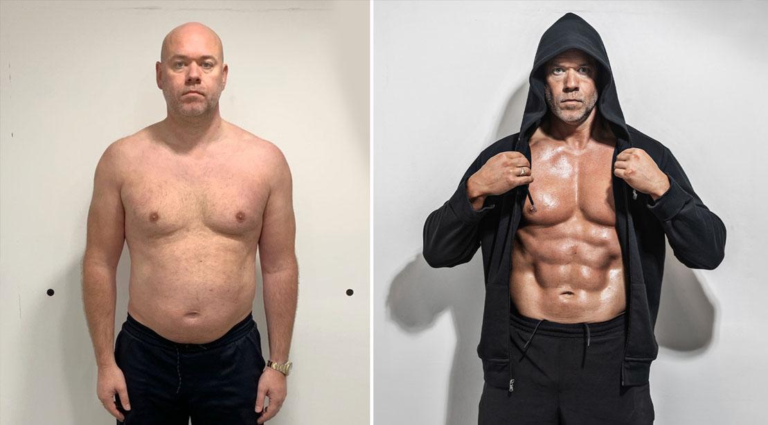 Before and after of Paul Faulder physical transformation at the age 48