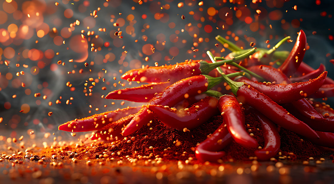 Red hot chili peppers sprinkled with chili flakes